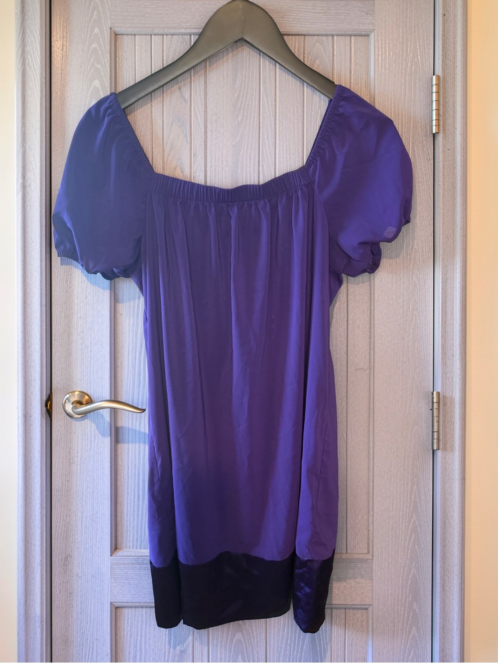 Daisy Fuentes Purple Puff-Sleeve Square Neck Tunic with Black Hem
